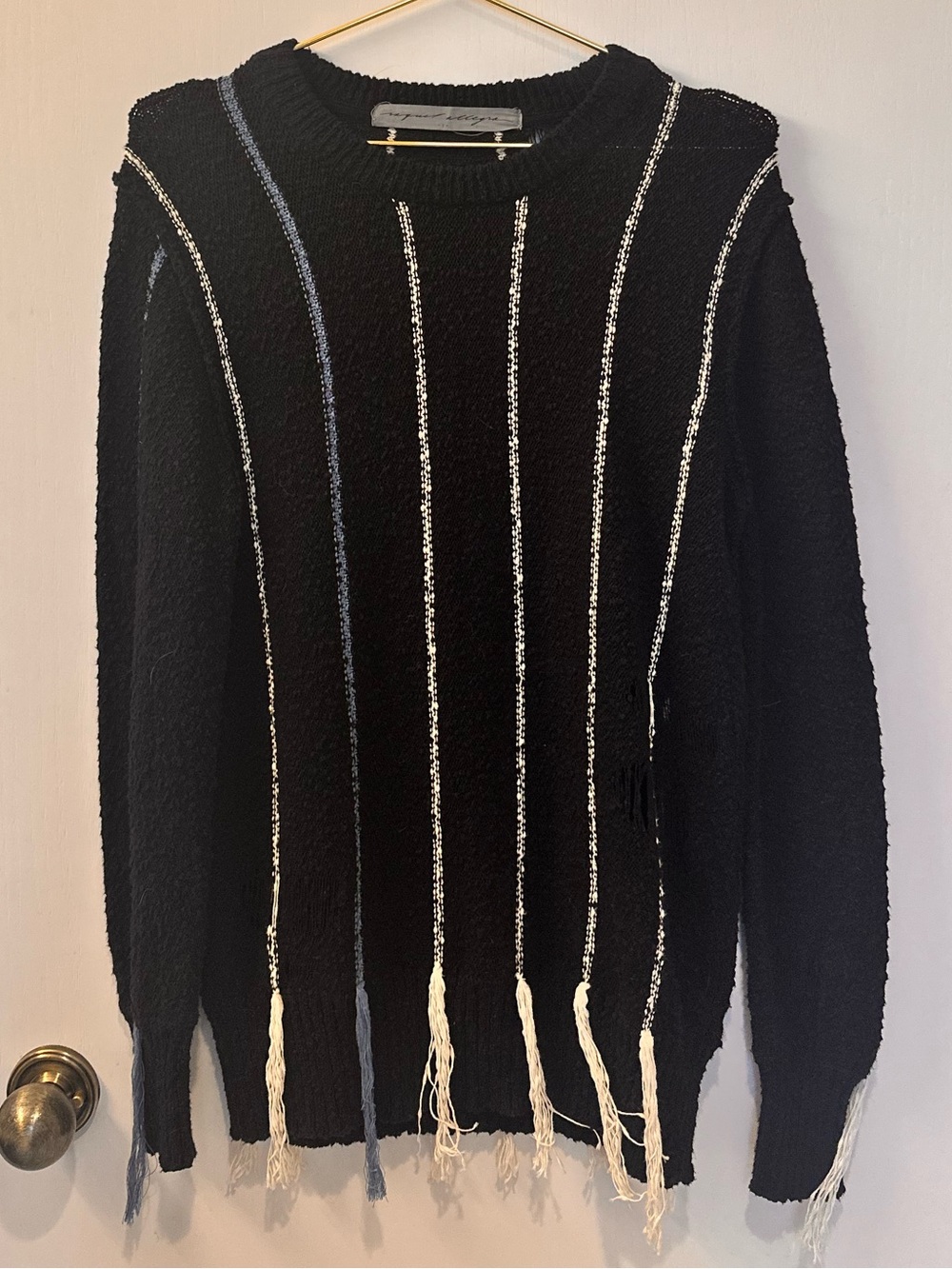 Raquel Allegra Black Distressed Fringe Sweater